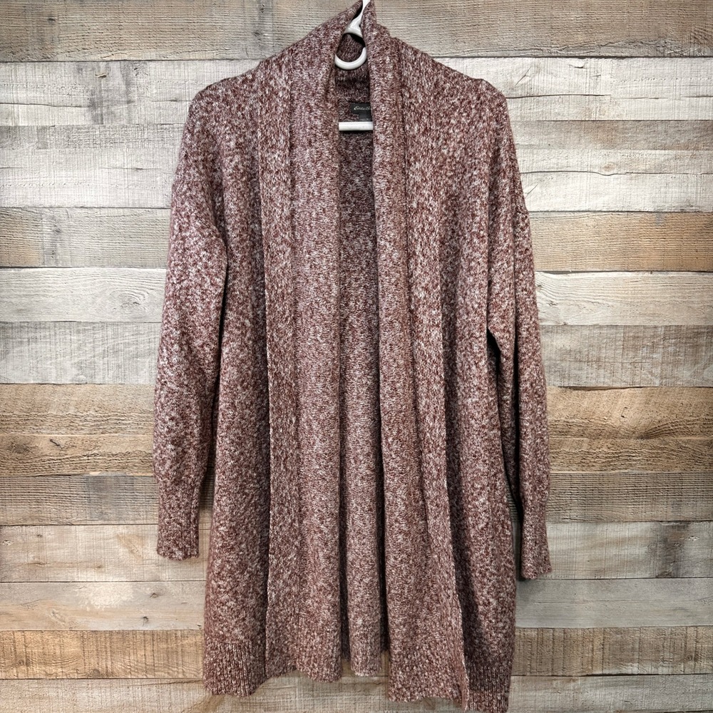 Eddie Bauer Womens Burgundy Marled Knit Open Front Shawl Collar Cardigan M/L